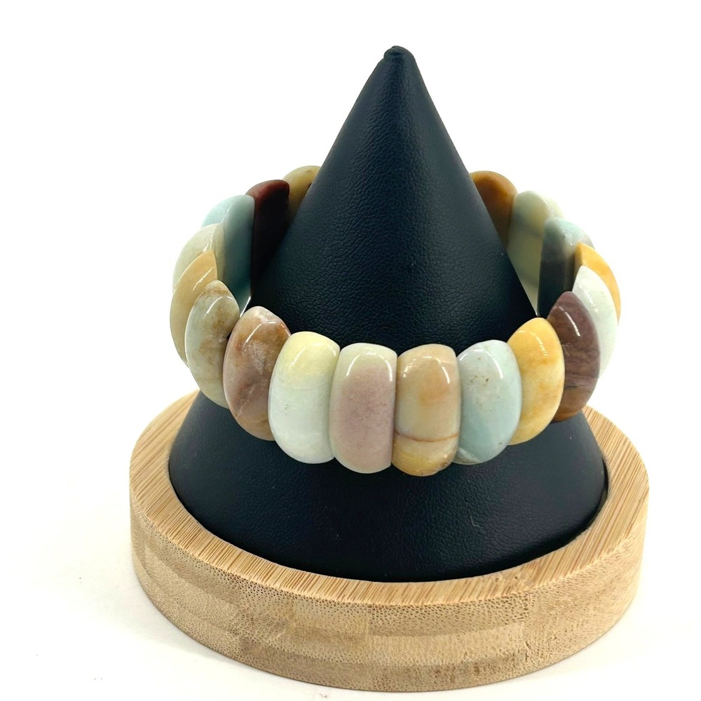 Amazonite Natural Multi Color Stone Stretch Bangle Bracelet Earthy Tones Smooth